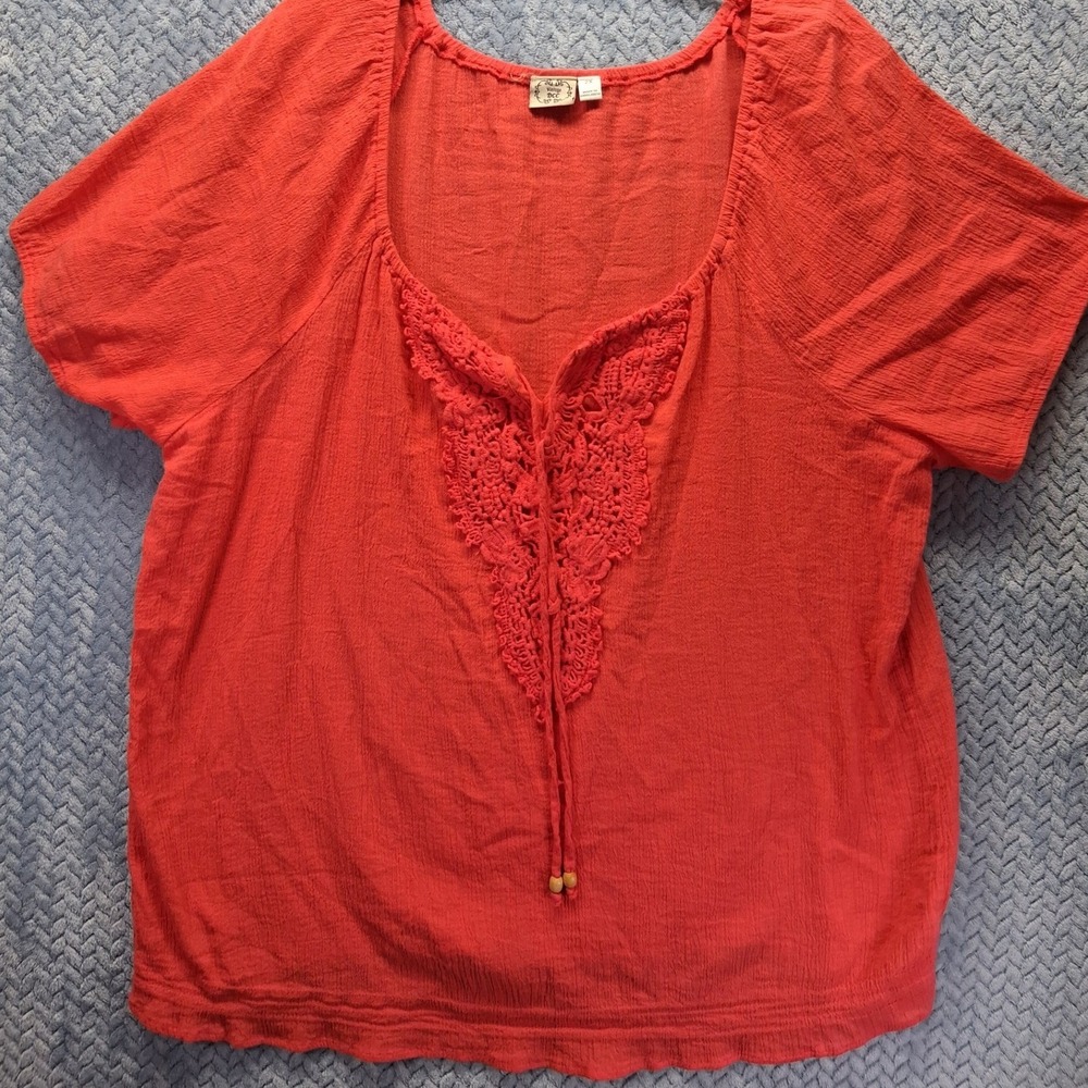 Vintage DCC Coral Orange Cotton Gauze Crochet Lace Tie Front Boho Blouse 2X
